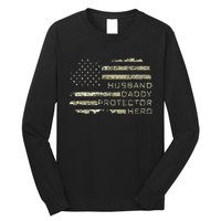 Husband Daddy Protector Hero Fathers Day American Flag camo Long Sleeve Shirt