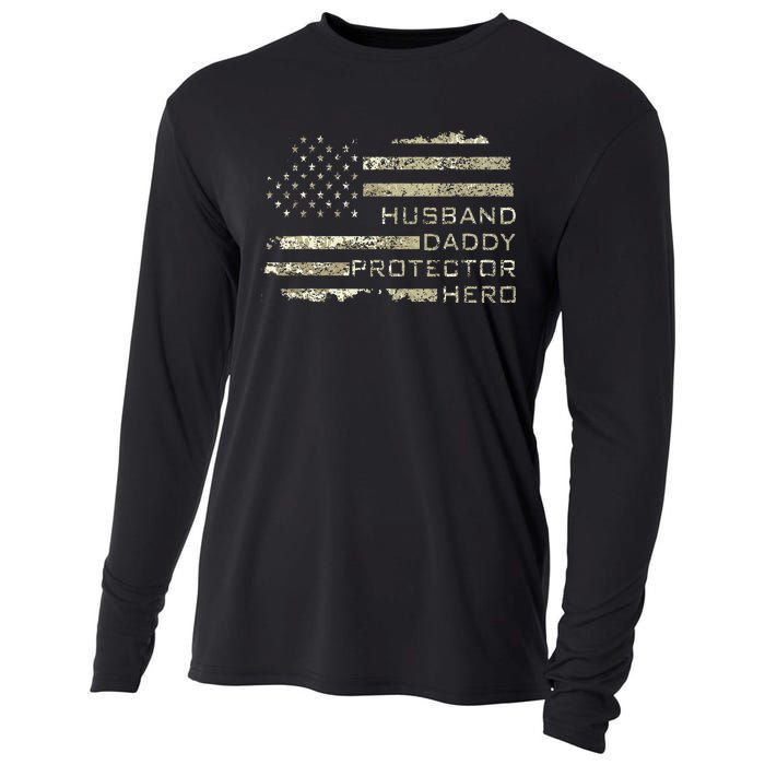 Husband Daddy Protector Hero Fathers Day American Flag camo Cooling Performance Long Sleeve Crew