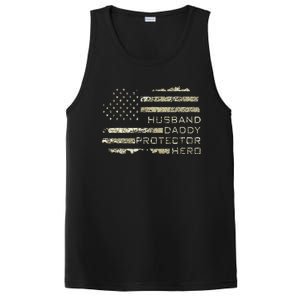 Husband Daddy Protector Hero Fathers Day American Flag camo PosiCharge Competitor Tank