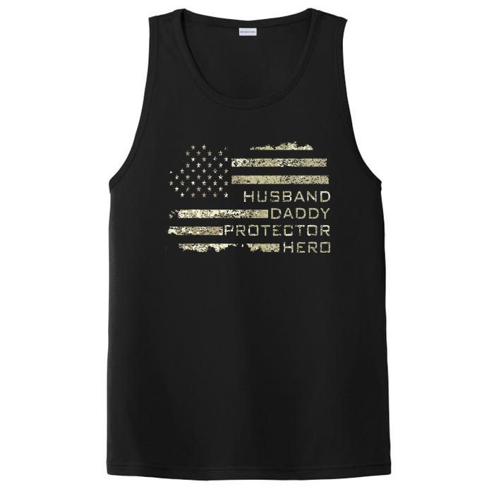 Husband Daddy Protector Hero Fathers Day American Flag camo PosiCharge Competitor Tank