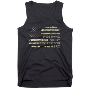 Husband Daddy Protector Hero Fathers Day American Flag camo Tank Top