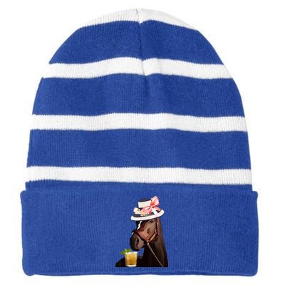 Horse Derby Party Blue Striped Beanie with Solid Band