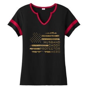 Husband Daddy Protector Hero Fathers Day American Flag camo Ladies Halftime Notch Neck Tee