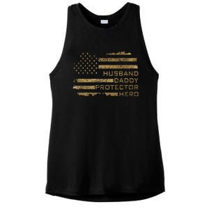 Husband Daddy Protector Hero Fathers Day American Flag camo Ladies PosiCharge Tri-Blend Wicking Tank