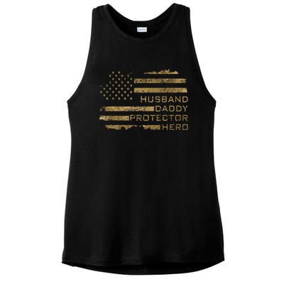 Husband Daddy Protector Hero Fathers Day American Flag camo Ladies PosiCharge Tri-Blend Wicking Tank