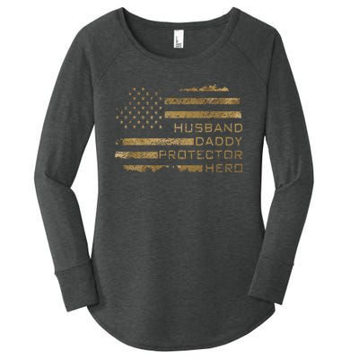 Husband Daddy Protector Hero Fathers Day American Flag camo Women's Perfect Tri Tunic Long Sleeve Shirt