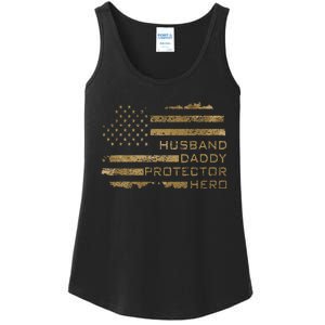 Husband Daddy Protector Hero Fathers Day American Flag camo Ladies Essential Tank