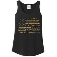 Husband Daddy Protector Hero Fathers Day American Flag camo Ladies Essential Tank