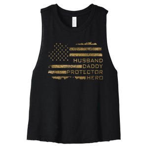 Husband Daddy Protector Hero Fathers Day American Flag camo Women's Racerback Cropped Tank