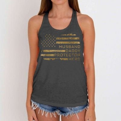 Husband Daddy Protector Hero Fathers Day American Flag camo Women's Knotted Racerback Tank