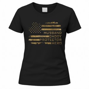 Husband Daddy Protector Hero Fathers Day American Flag camo Women's T-Shirt