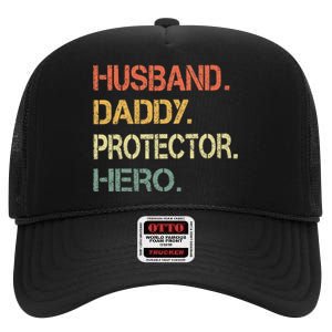 Husband Daddy Protector Hero Fathers Day Gift For Dad Wife High Crown Mesh Back Trucker Hat