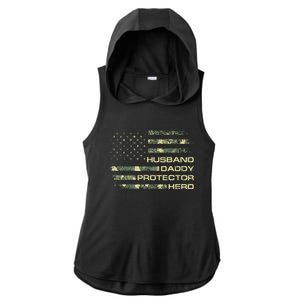 Husband Daddy Protector Hero Fathers Day Camo American Flag Ladies PosiCharge Tri-Blend Wicking Draft Hoodie Tank