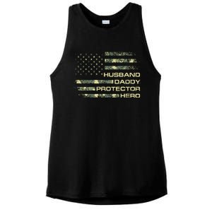 Husband Daddy Protector Hero Fathers Day Camo American Flag Ladies PosiCharge Tri-Blend Wicking Tank