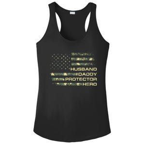 Husband Daddy Protector Hero Fathers Day Camo American Flag Ladies PosiCharge Competitor Racerback Tank