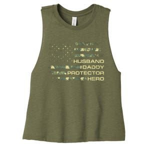 Husband Daddy Protector Hero Fathers Day Camo American Flag Women's Racerback Cropped Tank