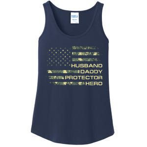 Husband Daddy Protector Hero Fathers Day Camo American Flag Ladies Essential Tank