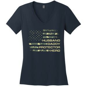 Husband Daddy Protector Hero Fathers Day Camo American Flag Women's V-Neck T-Shirt