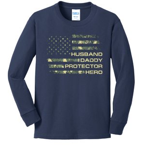 Husband Daddy Protector Hero Fathers Day Camo American Flag Kids Long Sleeve Shirt