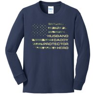 Husband Daddy Protector Hero Fathers Day Camo American Flag Kids Long Sleeve Shirt