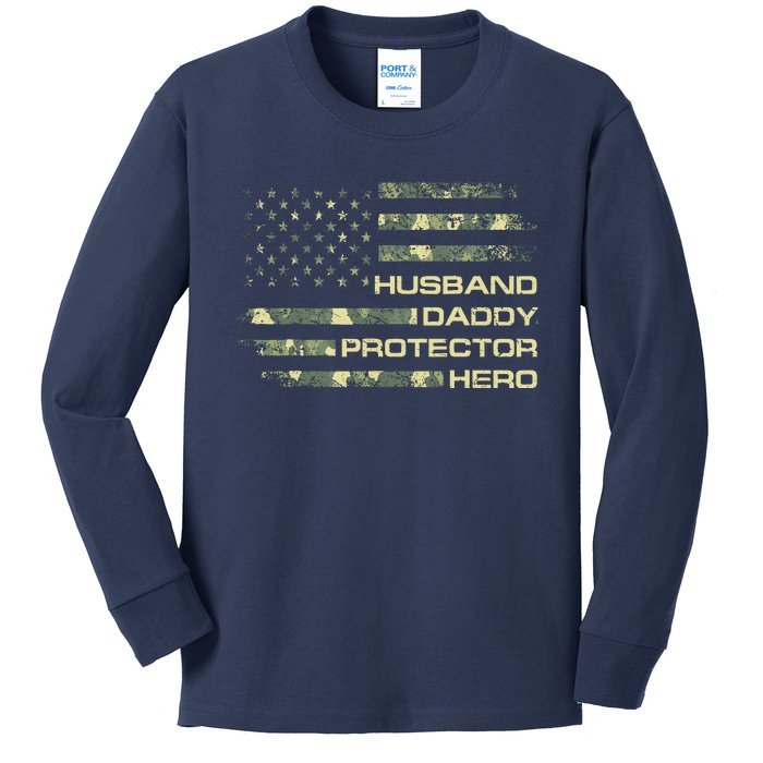 Husband Daddy Protector Hero Fathers Day Camo American Flag Kids Long Sleeve Shirt