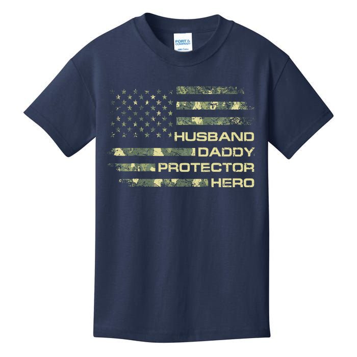 Husband Daddy Protector Hero Fathers Day Camo American Flag Kids T-Shirt