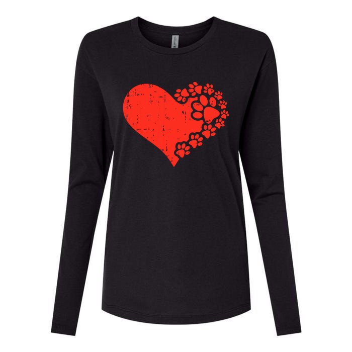 Heart Dog Paw Print Valentines Day Puppy Doggie Pet Lover Womens Cotton Relaxed Long Sleeve T-Shirt