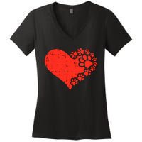 Heart Dog Paw Print Valentines Day Puppy Doggie Pet Lover Women's V-Neck T-Shirt