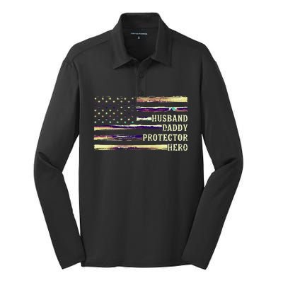 Husband Daddy Protector Hero FatherS Day Dad Silk Touch Performance Long Sleeve Polo