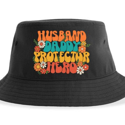 Husband Daddy Protector Hero Retro Groovy Fathers Day Hippie Cute Gift Sustainable Bucket Hat
