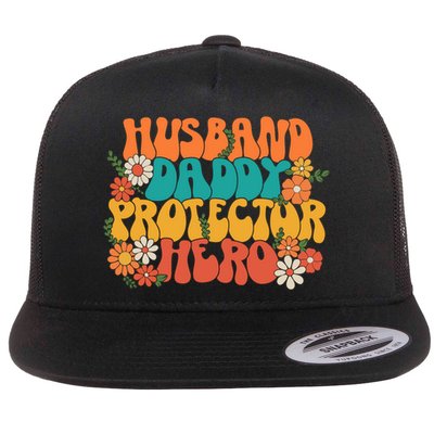Husband Daddy Protector Hero Retro Groovy Fathers Day Hippie Cute Gift Flatbill Hat