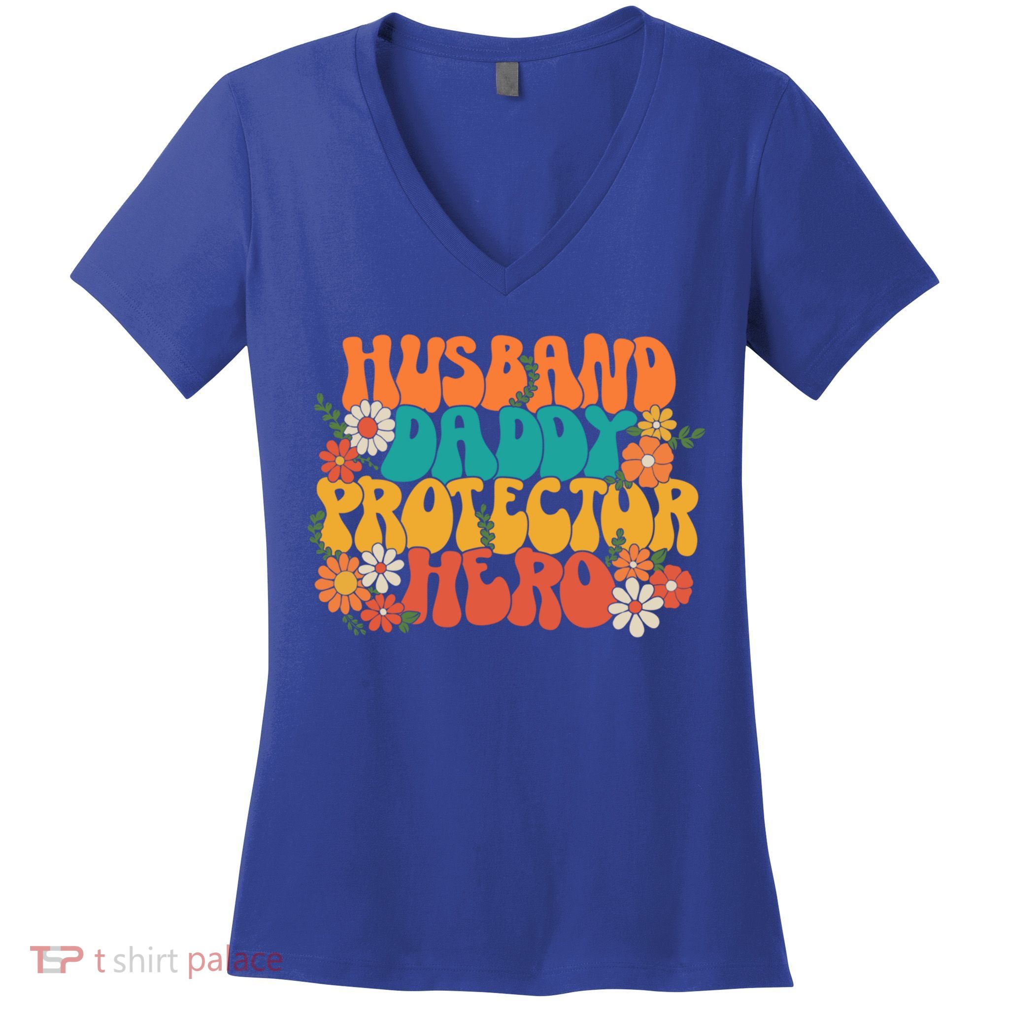 Husband Daddy Protector Hero Retro Groovy Fathers Day Hippie Cute Gift Women's V-Neck T-Shirt