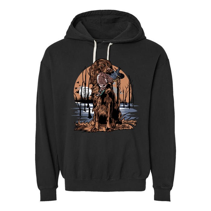Hunting Dog Retrieving Duck Swamp Scene Garment-Dyed Fleece Hoodie