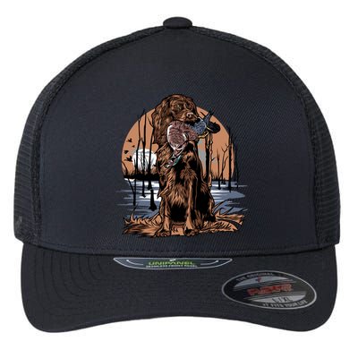 Hunting Dog Retrieving Duck Swamp Scene Flexfit Unipanel Trucker Cap