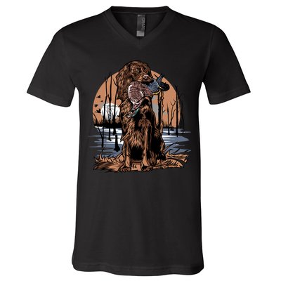 Hunting Dog Retrieving Duck Swamp Scene V-Neck T-Shirt