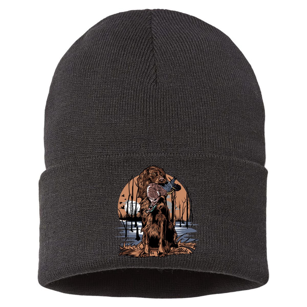 Hunting Dog Retrieving Duck Swamp Scene Sustainable Knit Beanie