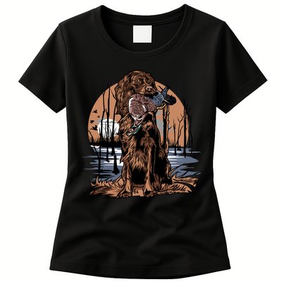 Hunting Dog Retrieving Duck Swamp Scene Womens T-Shirt