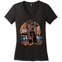 Hunting Dog Retrieving Duck Swamp Scene Women's V-Neck T-Shirt