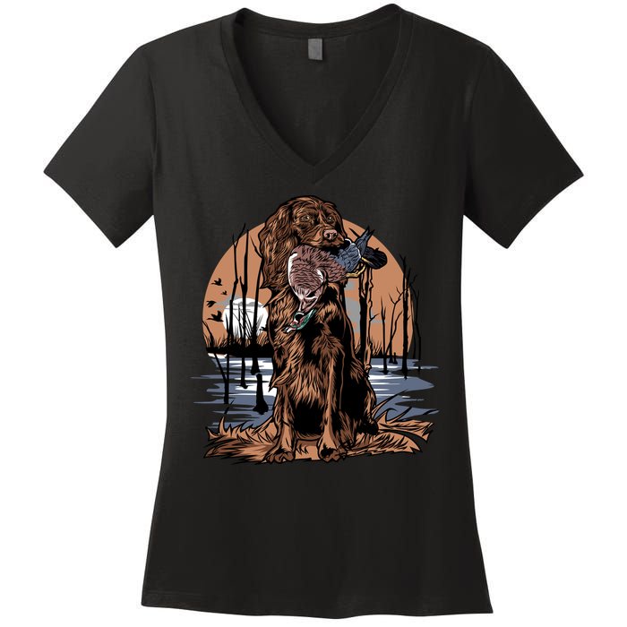 Hunting Dog Retrieving Duck Swamp Scene Women's V-Neck T-Shirt