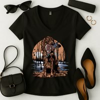 Hunting Dog Retrieving Duck Swamp Scene Women's V-Neck T-Shirt