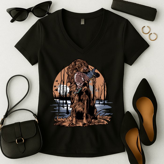 Hunting Dog Retrieving Duck Swamp Scene Women's V-Neck T-Shirt