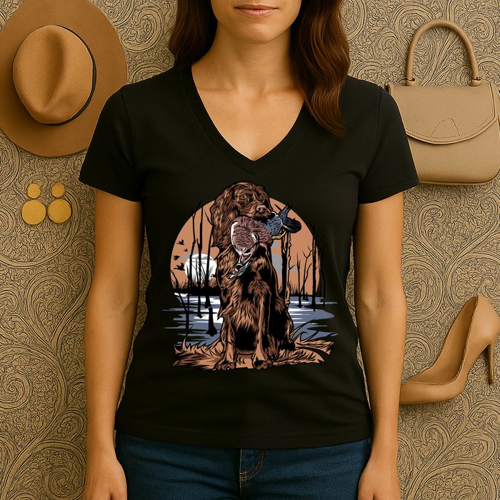 Hunting Dog Retrieving Duck Swamp Scene Women's V-Neck T-Shirt