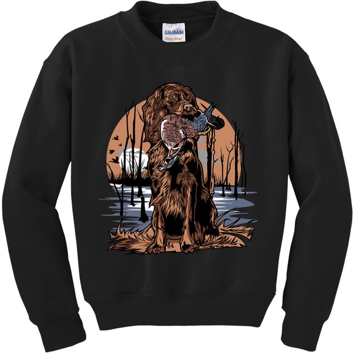Hunting Dog Retrieving Duck Swamp Scene Kids Sweatshirt
