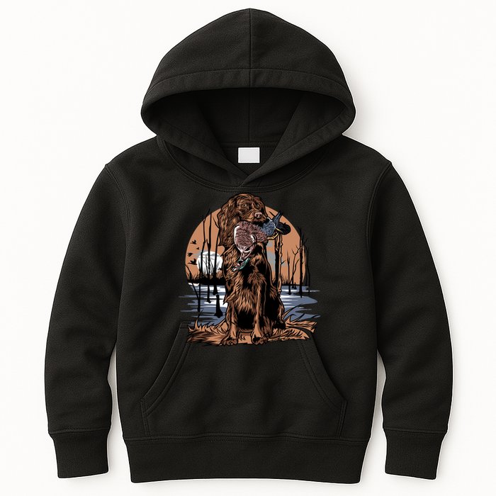 Hunting Dog Retrieving Duck Swamp Scene Kids Hoodie