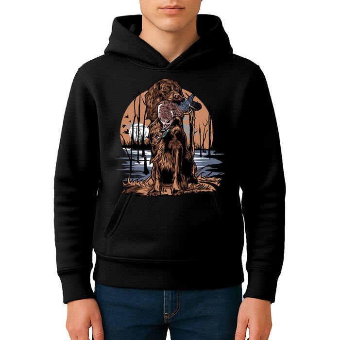 Hunting Dog Retrieving Duck Swamp Scene Kids Hoodie
