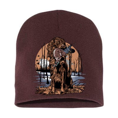 Hunting Dog Retrieving Duck Swamp Scene Short Acrylic Beanie