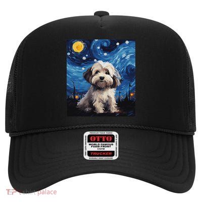 Havanese Dog Starry Night Van Gogh Art Lover High Crown Mesh Back Trucker Hat