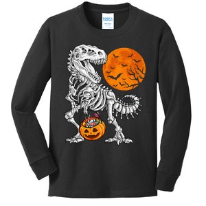 Halloween Dinosaur Skeleton T Rex Scary Pumpkin Moon Kids Long Sleeve Shirt