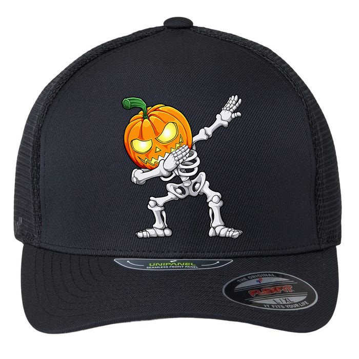 Halloween Dabbing Skeleton Scary Pumpkin Jack O Lantern Flexfit Unipanel Trucker Cap