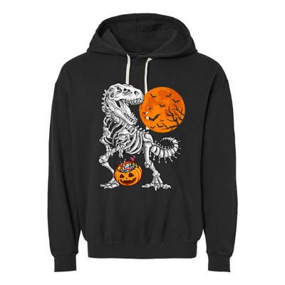 Halloween Dinosaur Skeleton T Rex Scary Pumpkin Moon Garment-Dyed Fleece Hoodie